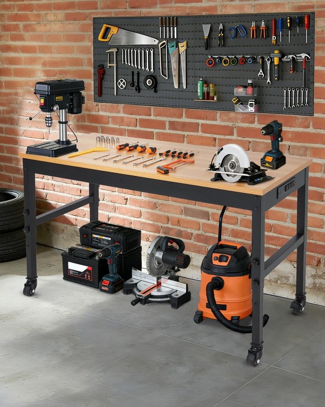 Garage Workshop Workbench w/ Locking Casters or Feet Adjustable Bench Table gallery