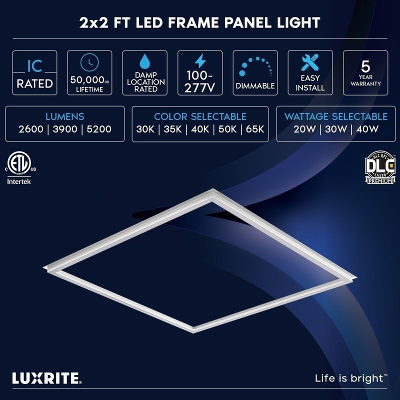 Luxrite 2x2 FT Edge-Lit Frame LED Panel Lights 5CCT 3000K-6500K 2600/3900/5200LM gallery