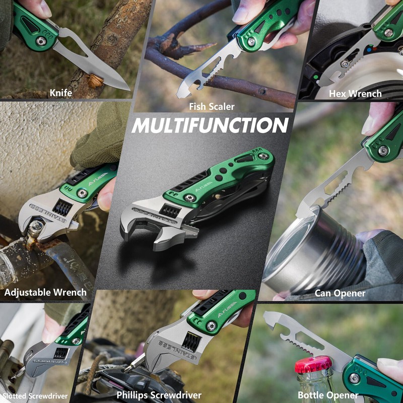 FLISSA 13-in-1 MultiTool Wrench 6.1" Adjustable EDC Pocket Knife w/ LED Light gallery