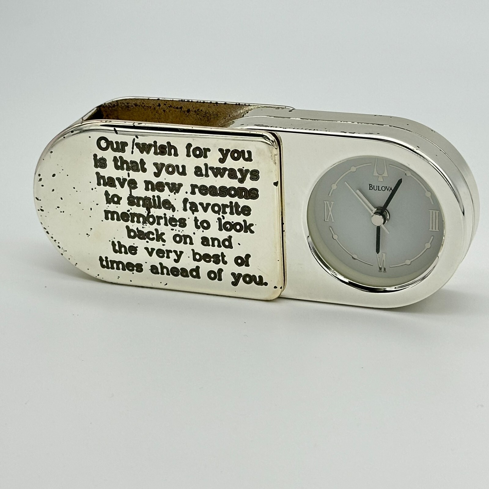 Vintage BULOVA Silver Tone Foldable Travel Quartz Alarm Clock, Runs (For Parts) gallery