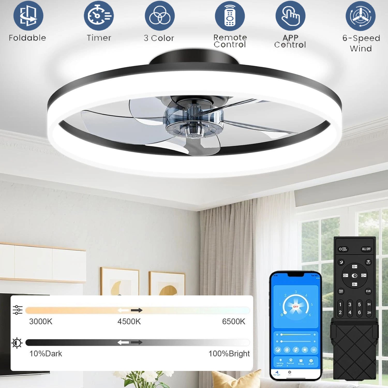 20" Modern Fan Lights Flush Mount LED Ceiling Light kit With Remote APP Control gallery