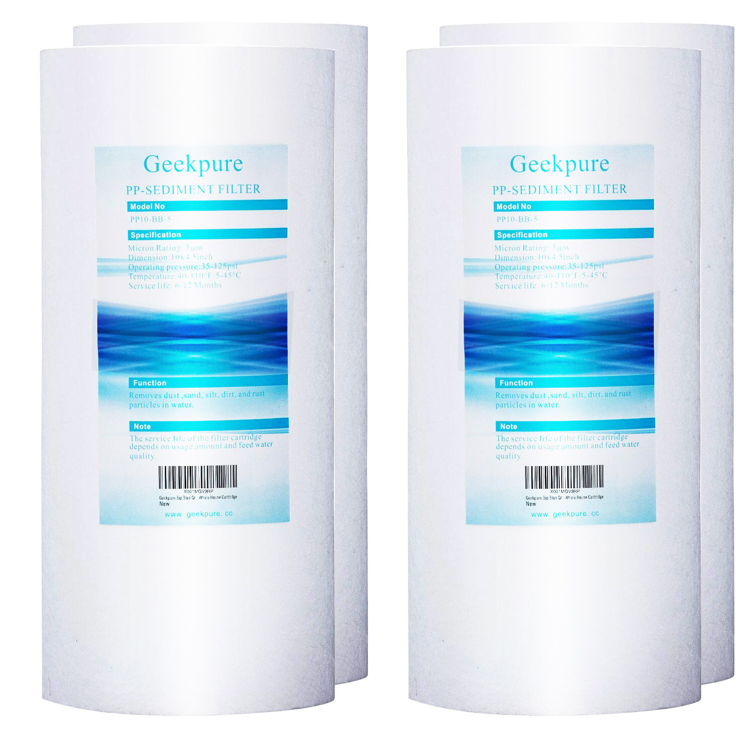 Geekpure 4 Pack PP Sediment Replacement Water Filter 4.5" x 10" - 5 Mic gallery