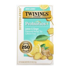 Probiotics+ Herbal Tea, Lemon & Ginger, Caffeine-Free, 18 Tea Bags, 0.95 oz (27