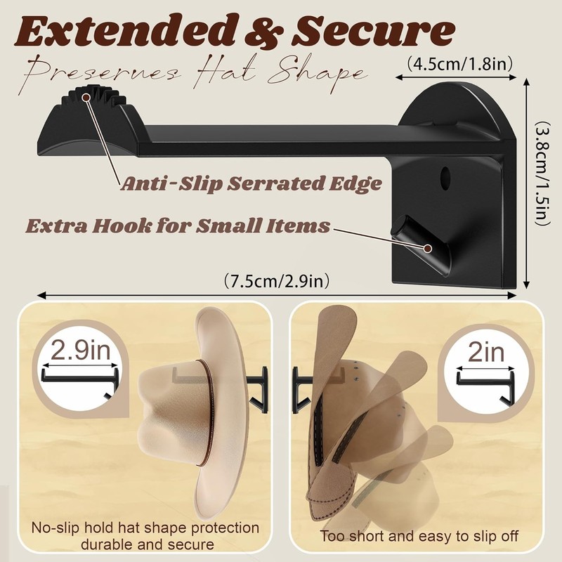 2.9Inch Hat Hooks for Wall - (8 Pack) Cowboy Hat Rack,Suitablesun Hats, Fedora, gallery