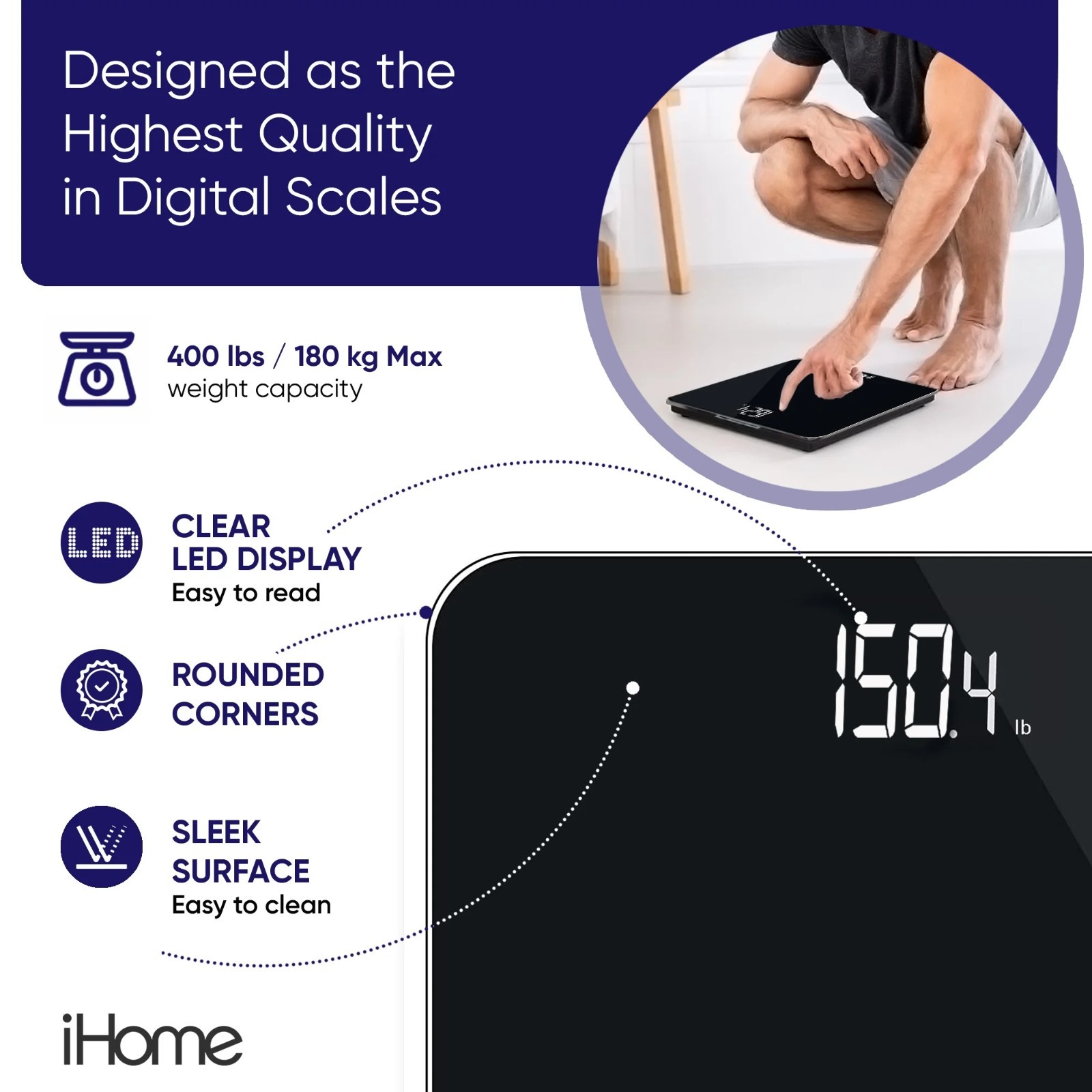 iHome Digital Bathroom Scale 397 lb with Fit, Personal Coach App. gallery