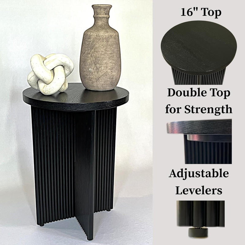 Fluted Small Oak Side Table with Round Top and Black Accent X Base gallery