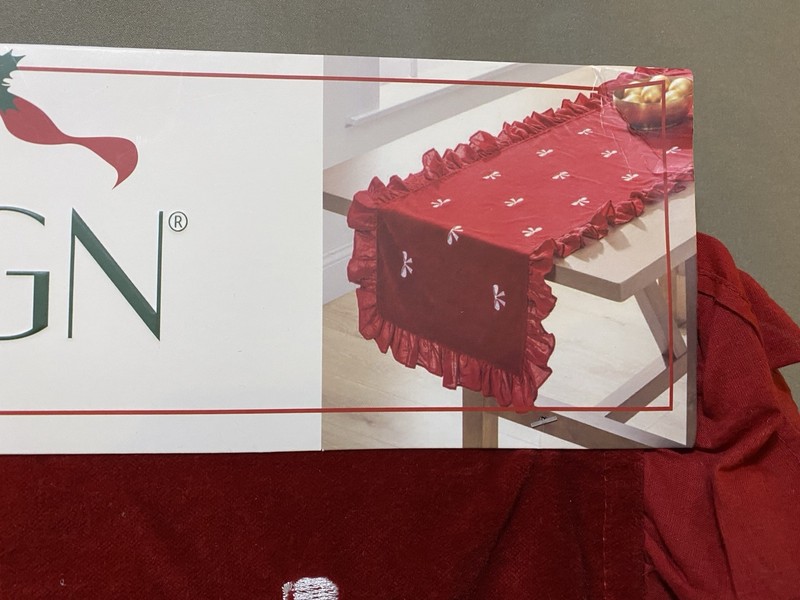 NWT mDesign Table Runner SZ 16" x 80" Embroidered Bows Ruffle Trim Red Corduroy gallery