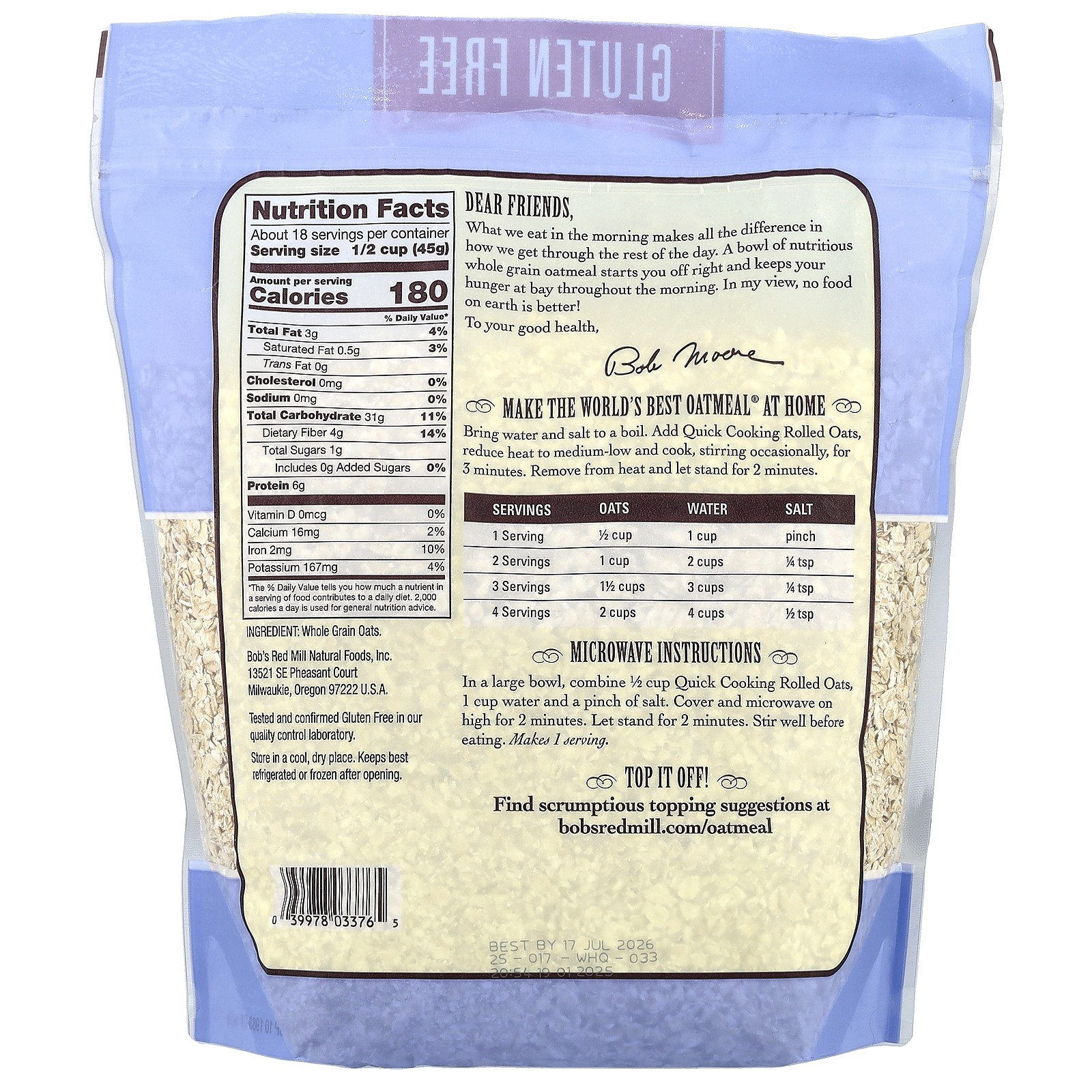 Quick Cooking Rolled Oats, Whole Grain, Gluten Free, 28 oz (794 g) gallery