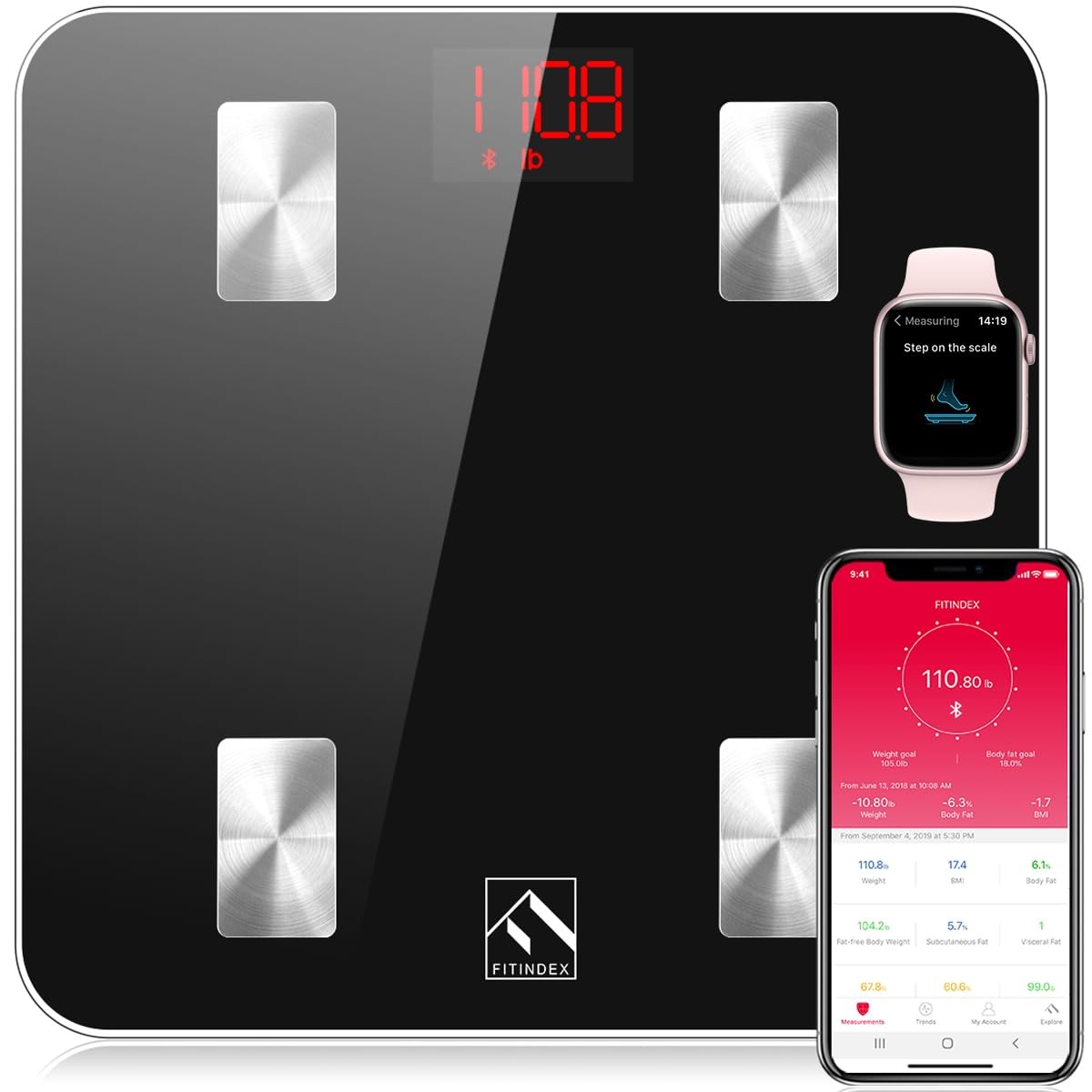 FITINDEX Scale with BMI, Body Fat, Muscle Mass, Smart 4 Electrode, Black gallery