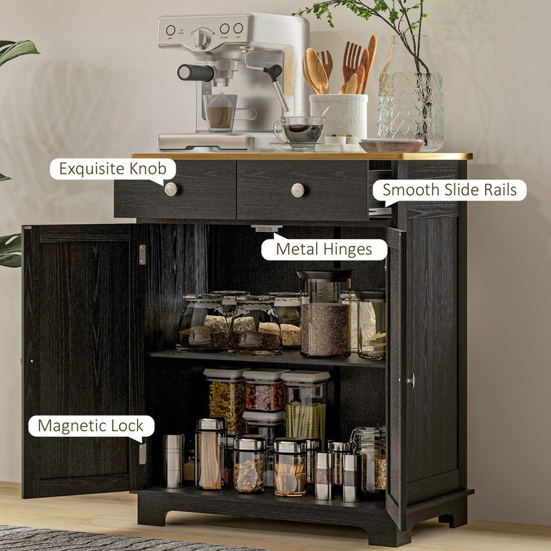 Kitchen Storage Cupboard Organizer Cabinet w/2 Drawers & Adjustable Shelf, Black gallery
