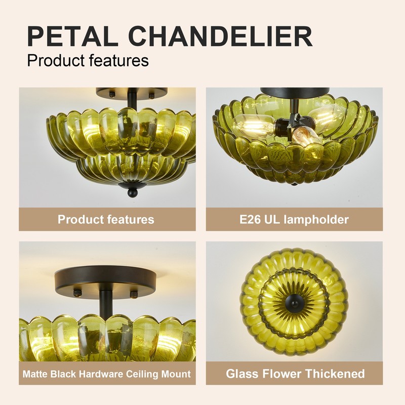 12" Semi Flush Mount Flower Ceiling Light Vintage Green Glass Entryway Fixture gallery