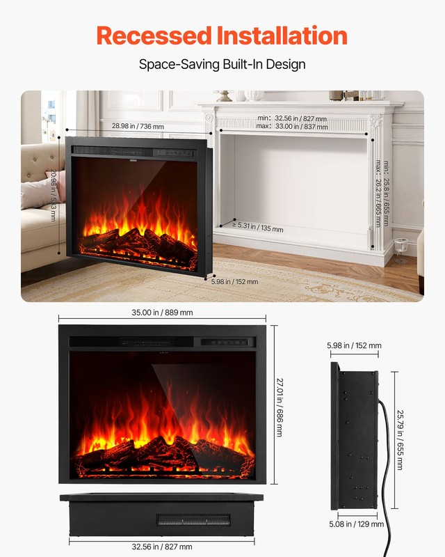 VEVOR 35in Electric Fireplace Insert Wall Recessed Heater 750W 1500W Remote gallery