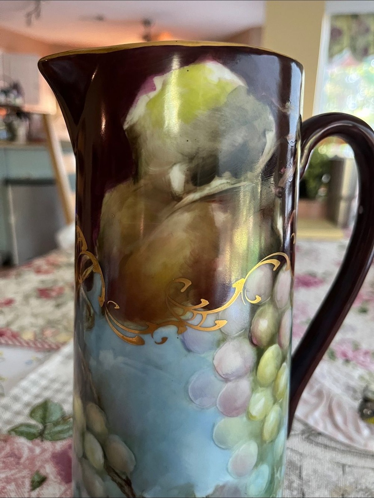 Vintage Hand-Painted Large Brown and blue Grape Pitcher with Gold Scrolls gallery