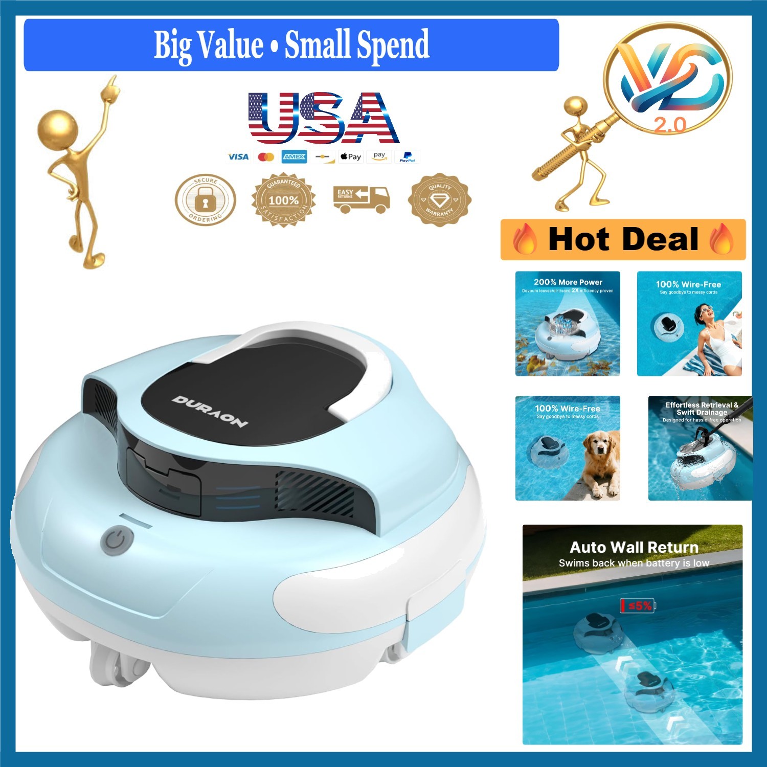 Blue Cordless Robotic Pool Cleaner Dual Motor Auto Parking 150 Min Runtime gallery