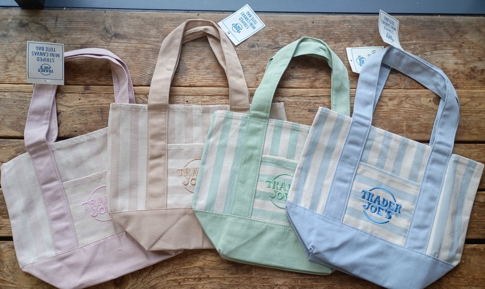 IN HAND Trader Joe’s Mini Pastel Stripe Canvas Tote Bag Limited Edition Set Of 4 gallery