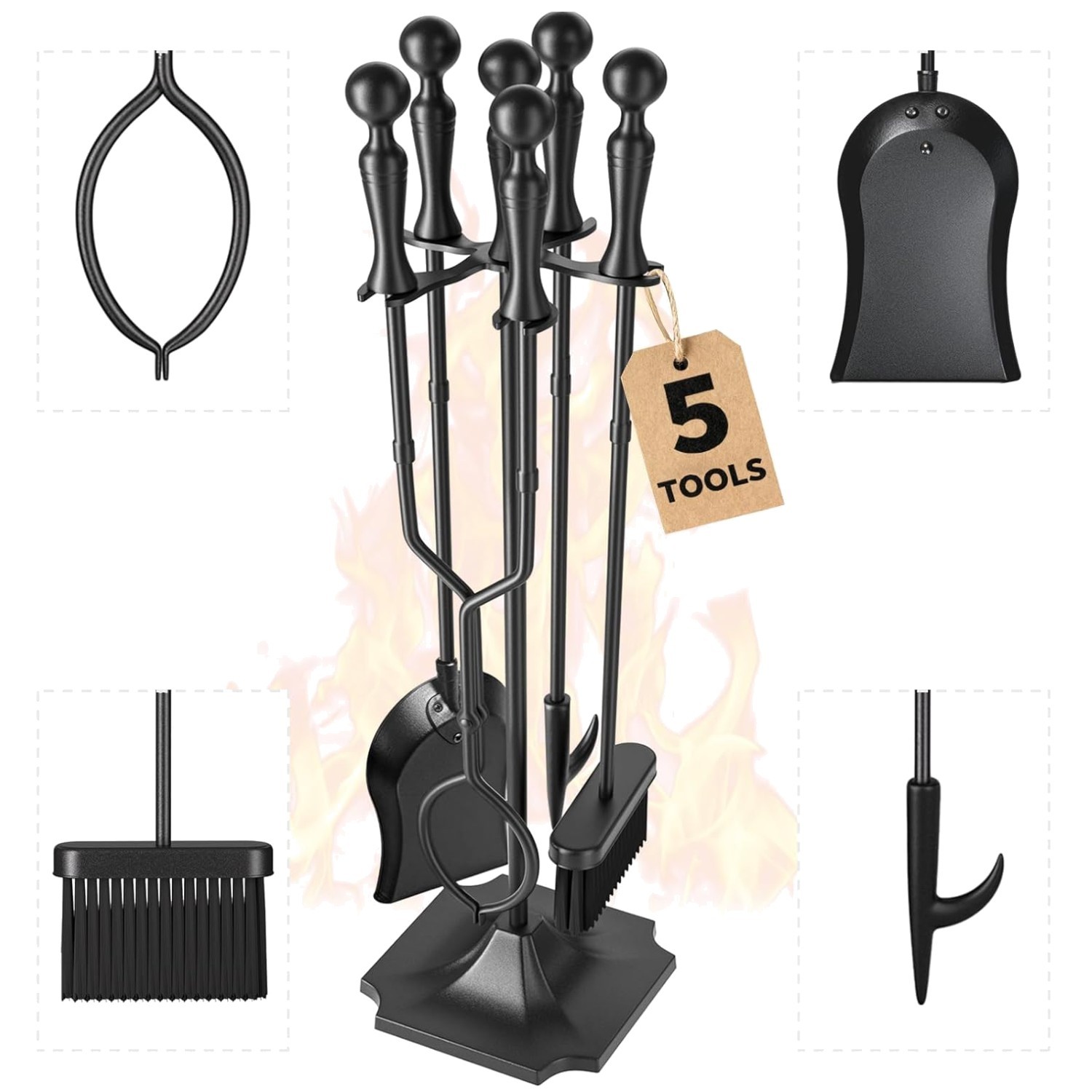 Durable 5-Piece Indoor & Outdoor Wrought Iron Fire Tool Set - 31 Inches Tall gallery