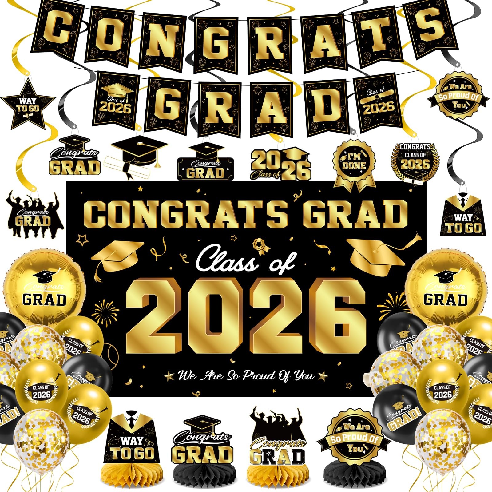 Class of 2026 Graduation Party Decor Kit Black Gold Banner Balloons Centerpieces gallery
