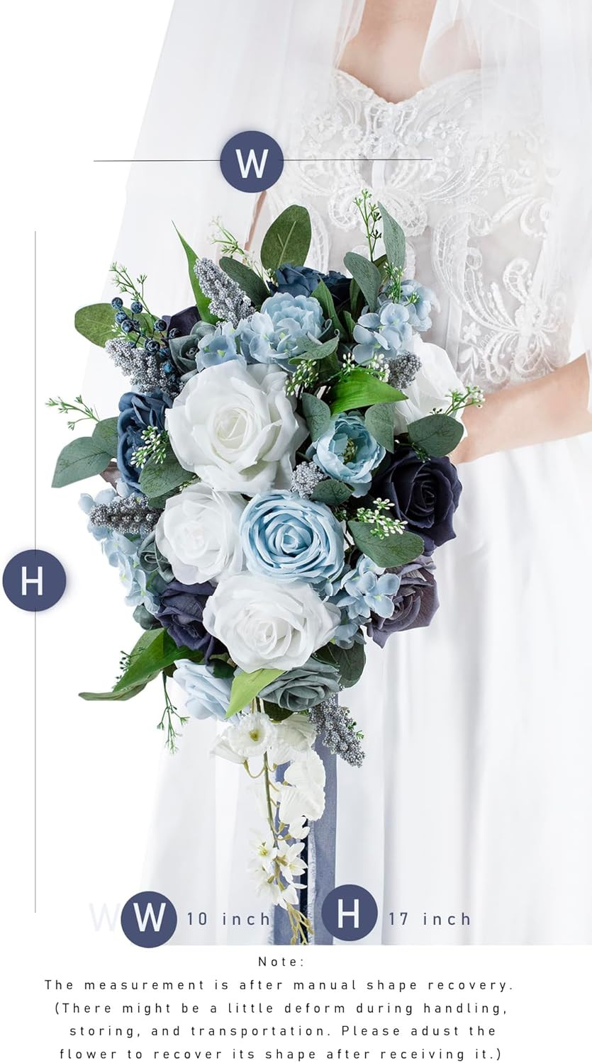 10 Inch Dusty Blue Wedding Bouquets for Bride Artificial Roses Flower Cascading gallery