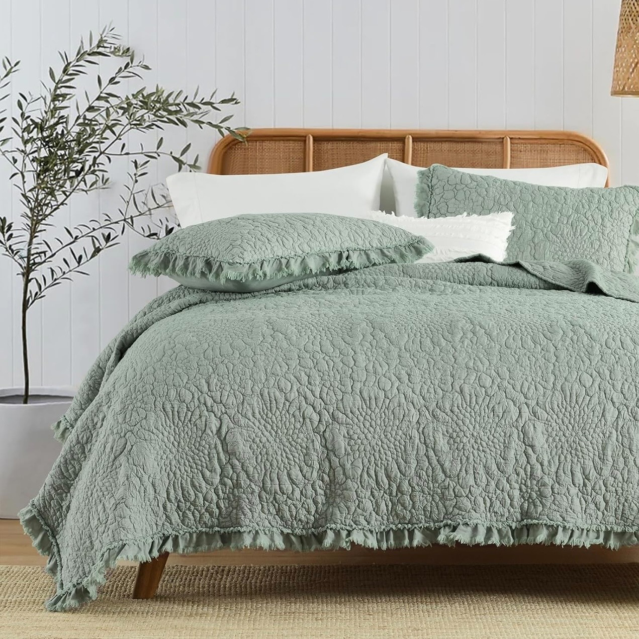 NEW Anthro Sage Green Boho Ruffle Crinkle Queen / King Bedding Quilt & Sham Set gallery