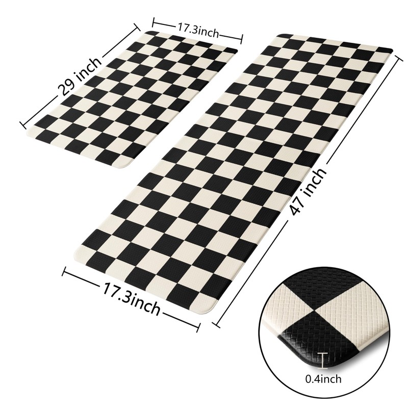 Beige Black Checkered Grid Checkerboard Kitchen Rug Sets [2 PCs], Anti gallery