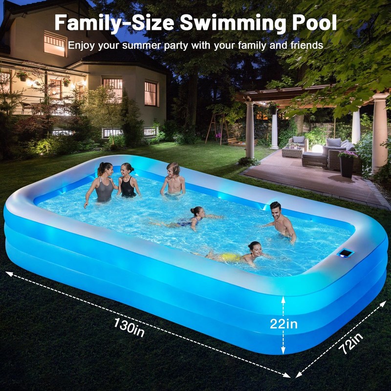 QIUJIN Large Solar Inflatable Pool with Lights 130 x72 x22 Oversized Thickened gallery