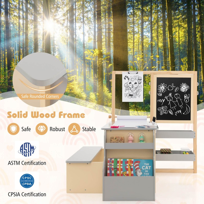Kids Art Easel & Table & Bench Set with Blackboard & Magnetic Whiteboard Nursery gallery