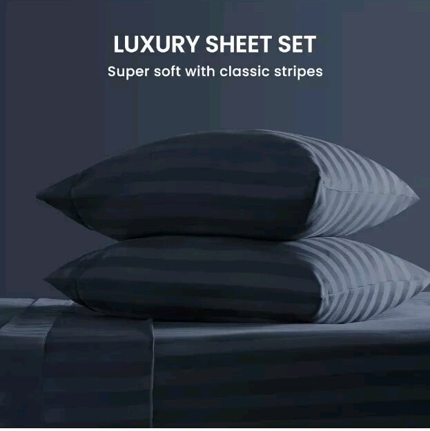 SLEEP ZONE Striped Cooling Queen Sheets Set 4 Piece Super Soft Fitted Flat NAVY gallery