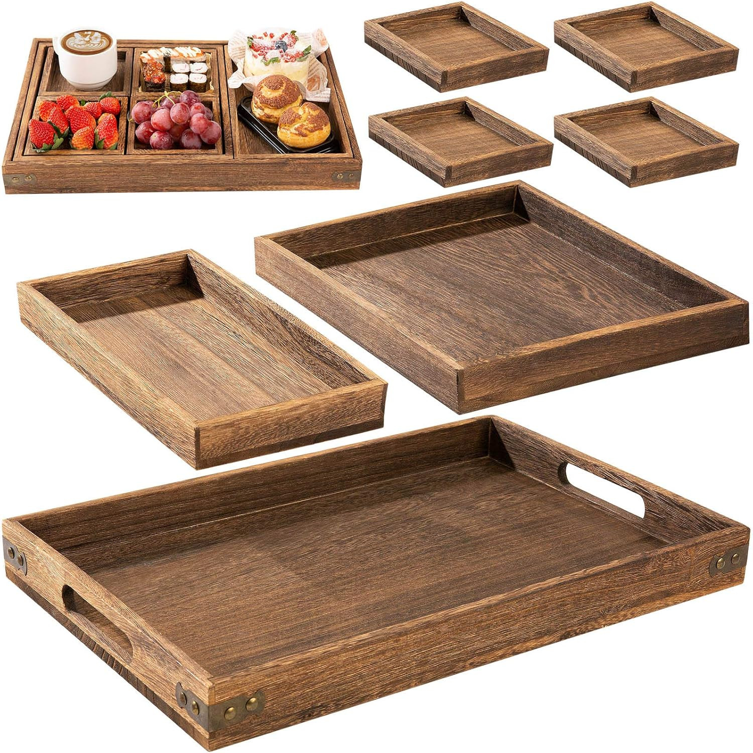 Rustic Wooden Serving Trays with Handle - Set of 7 Rectangular Platters for Ente gallery