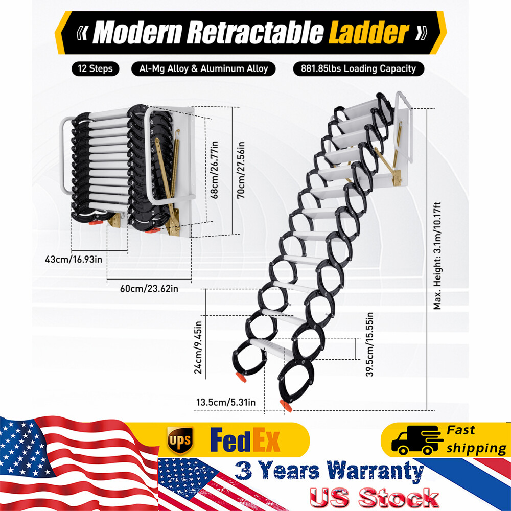 12 Steps Wall Mounted Folding Ladder Loft Stairs White Attic Steps Pull Down US gallery