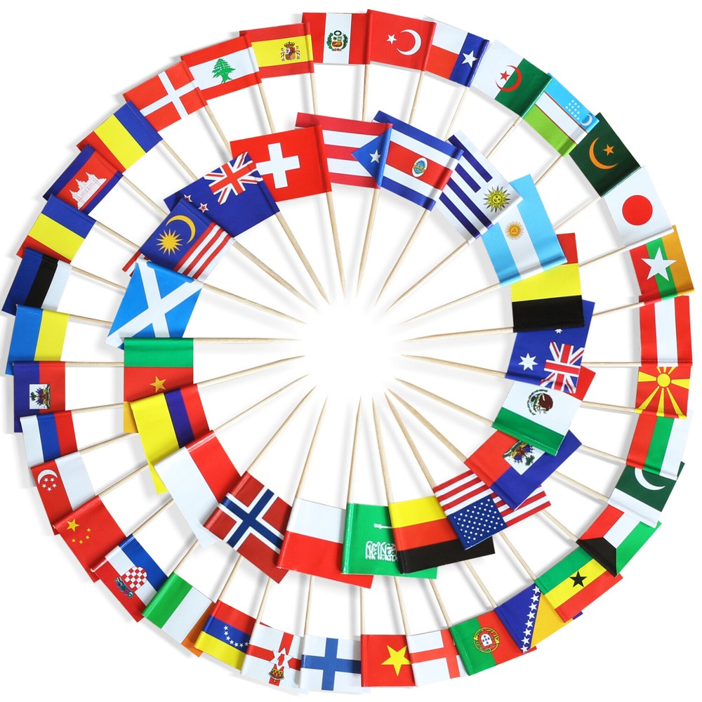Anley Assorted 100 Different Countries Toothpick Flag Double Sided & Smooth Pick