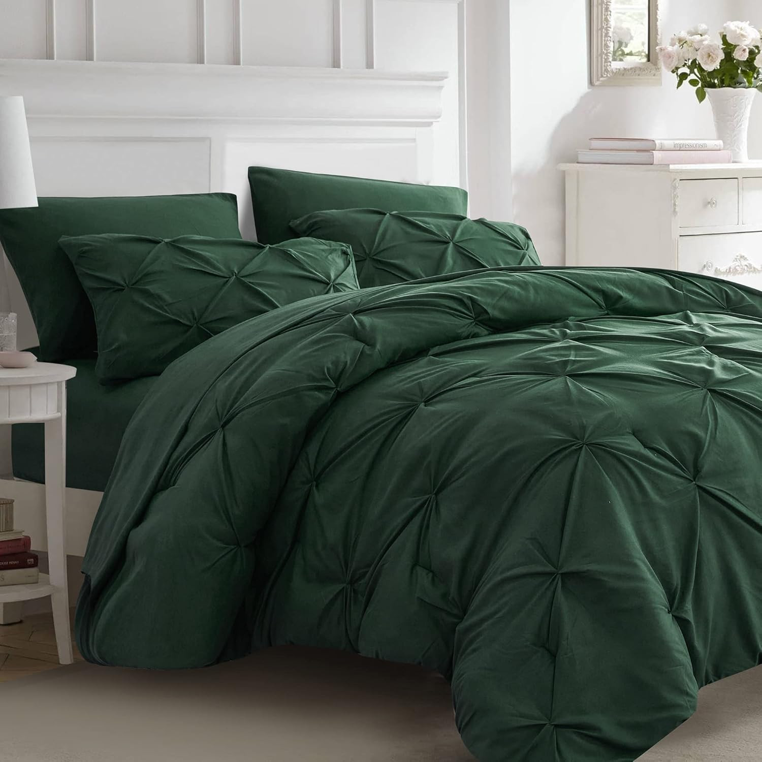 7Pc Dark Green Comforter Set Queen Size, Hunter Green Pintuck Bed in a Bag 7 Pie gallery