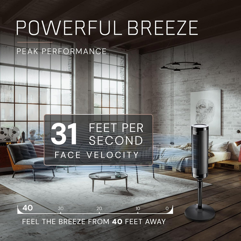 Elevation Adjustable Tower Fan 42”-54”, Pedestal Fan, 31 Ft/S Airflow, Quiet 28 gallery