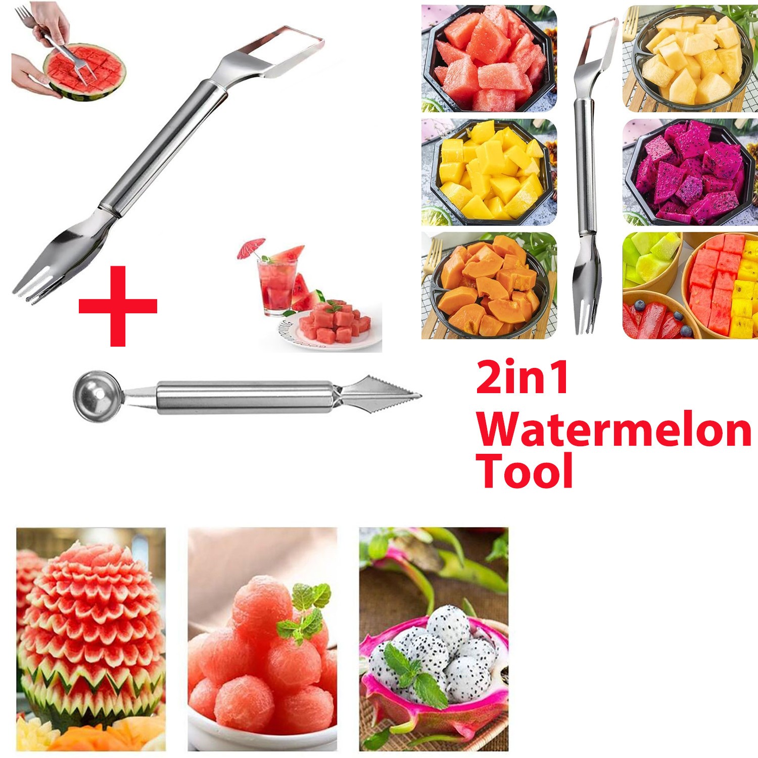 Stainless Steel Watermelon Fruit Cutter Slicer + Baller Scoop Carving Knife Set gallery