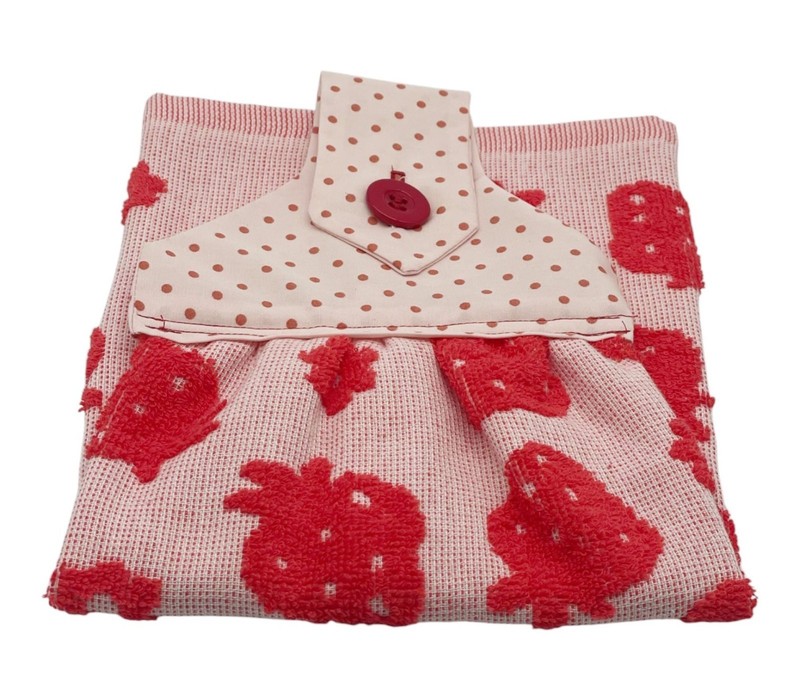 Handmade Strawberry Dishtowel With Red Embossed Strawberries on Pink Terry Towel gallery
