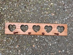 Wood Wall Mounted Coat Rack Panel w/ Heart Cutouts, 5 Peg Hooks, 23 in
