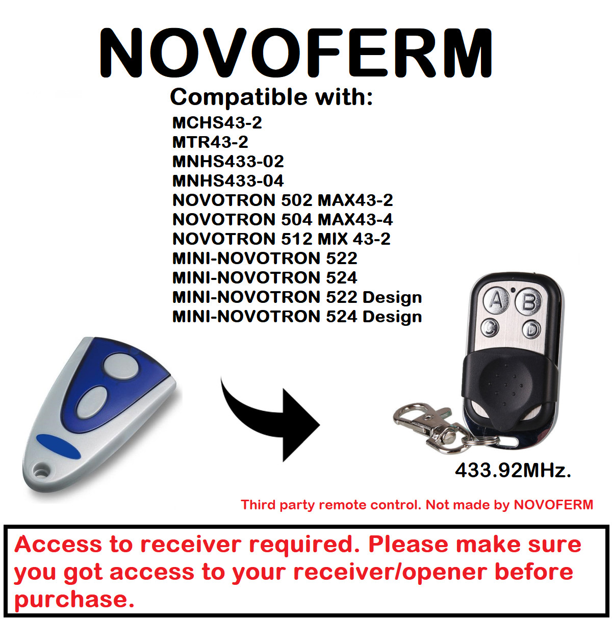 Novoferm Novotron 512 MINI Compatible Remote Control 433.92MHz. gallery