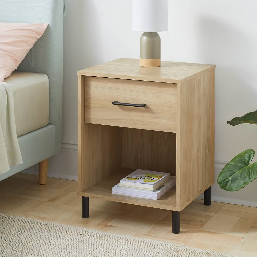 Mixed Materials Nightstand Updated Base Natural Wood - Room Essentials gallery