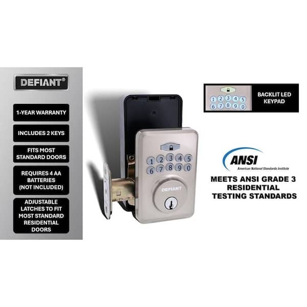 Defiant Electronic Deadbolt Keypad Satin Silver, Backlit LED, ANSI Grade 3 gallery
