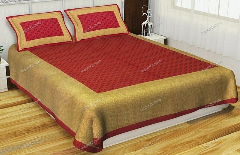 Double Bed Sheet With 2 Pillow Cover Screen Printed 4 Kaam Red Gad Buti Pure Cot gallery