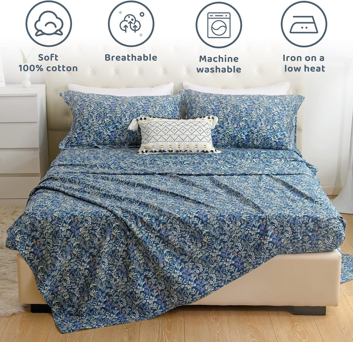 4 Piece 100%Cotton Sheet Set with Blue Floral Pattern andDeep Pocket Duvet Cover gallery