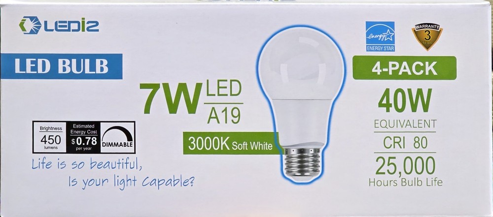 LEDi2 A19 7W=40W Equivalent LED Light Bulbs | 3000k Soft White | 450 Lumens