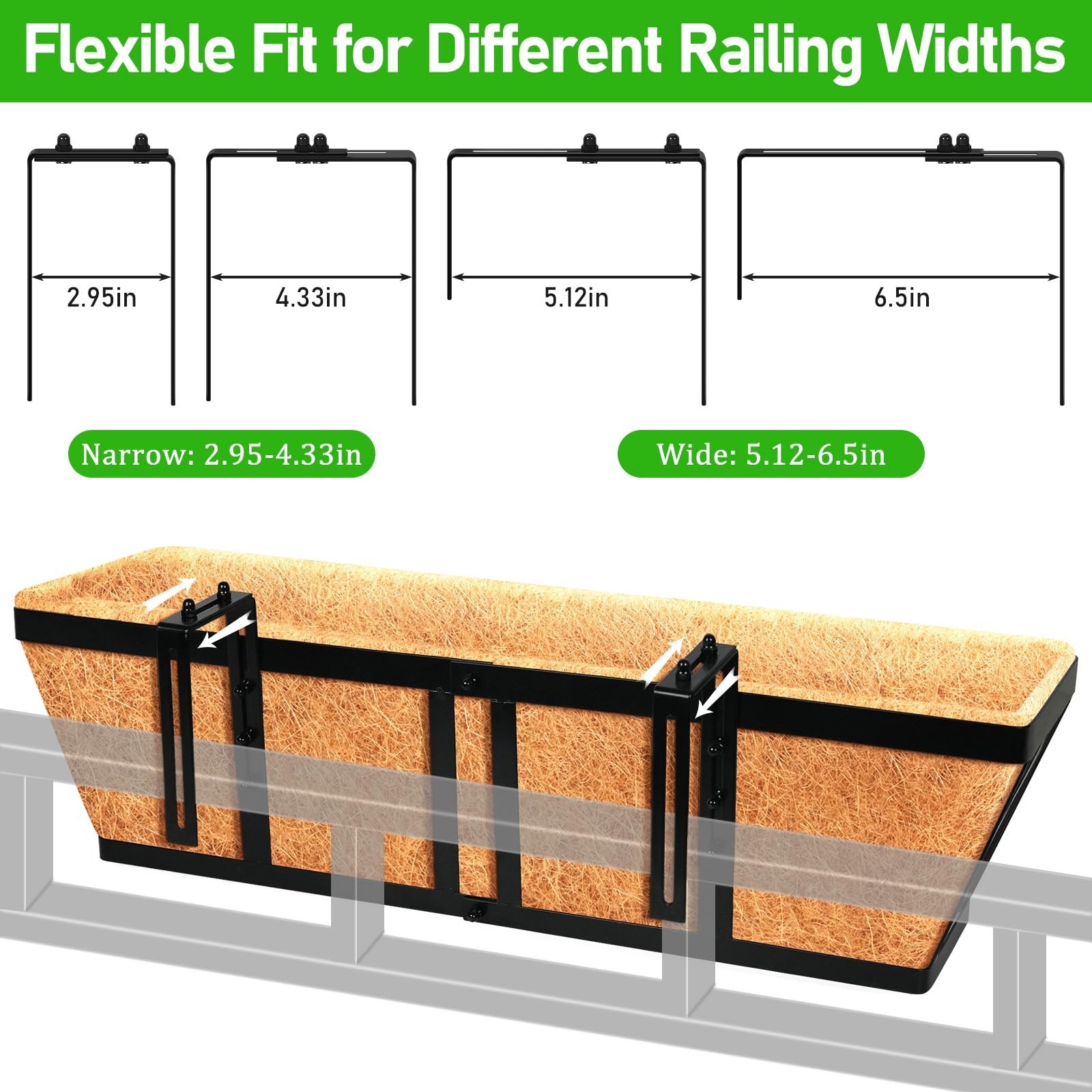 24" Metal Railing Planter Box - 2 Pack with Coco Liner for Deck, Balcony, Porch gallery