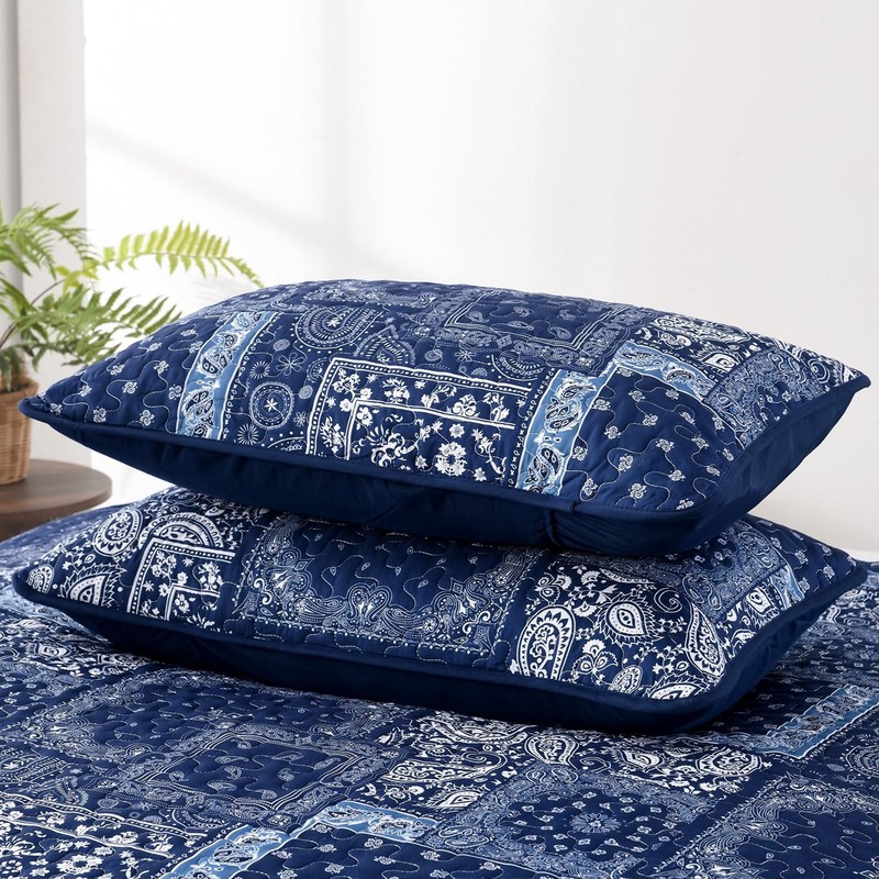 Blue Patchwork Quilt Set Queen Size,Boho Navy Blue Quilt Set,Paisley Farmhouse B gallery