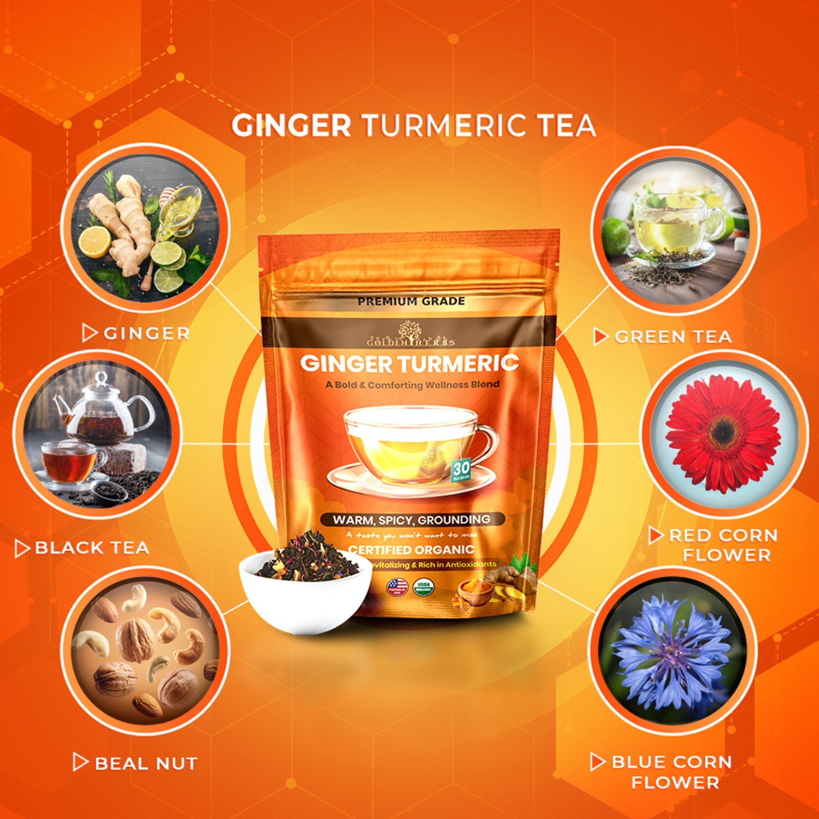 Golden Herbs Turmeric + Ginger Tea Bags, 30 Count Caffeine-Free Herbal Blend gallery