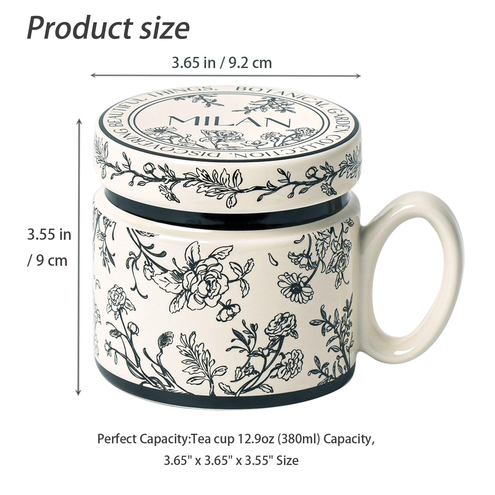 Ceramic Coffee Mug with Lid 12.9oz Flower Pattern Porcelain Tea Latte Black gallery