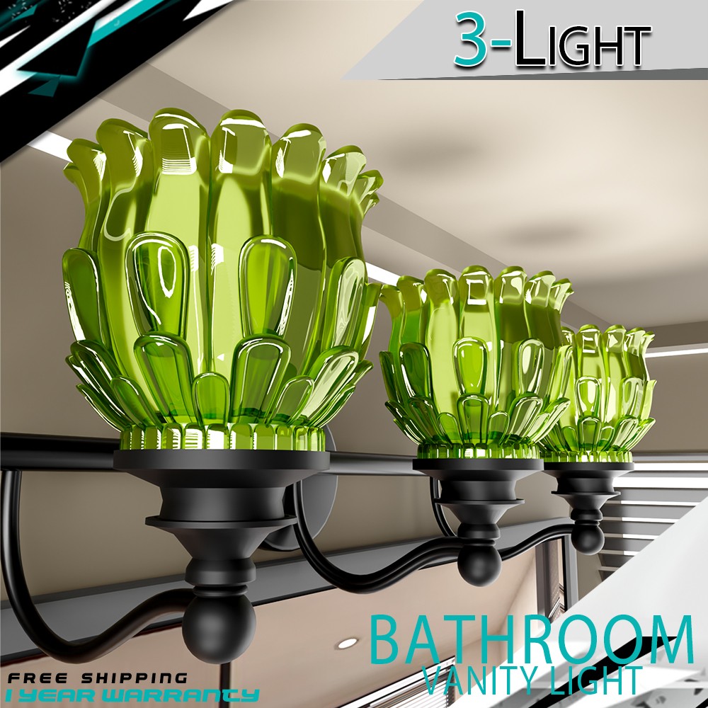 3-Light Bathroom Vanity Light Fixture Antique Black Green Crystal Lily gallery