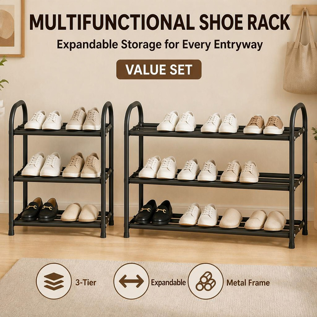 3-layer 3bar extendable shoe rack, saves space for storage, made of sturdy metal gallery