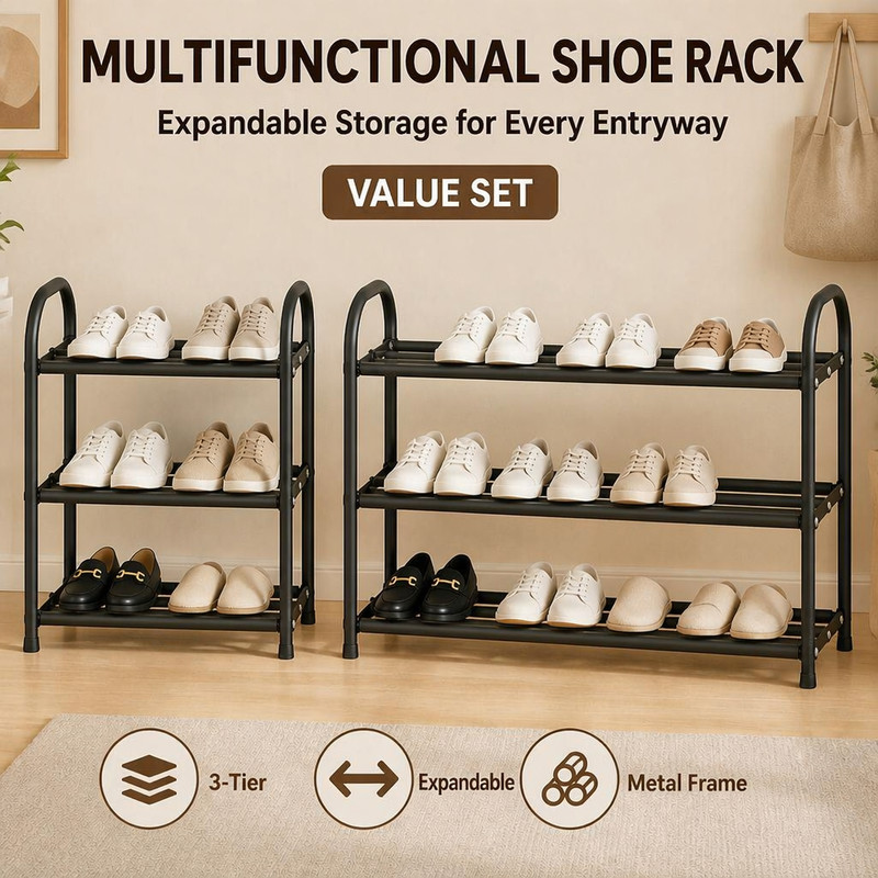 3-layer 3bar extendable shoe rack, saves space for storage, made of sturdy metal gallery