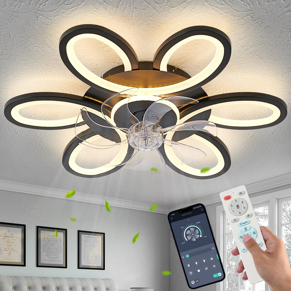 Modern Black-Star Flush Mount Ceiling Fan with Dimmable LED Light & Remote