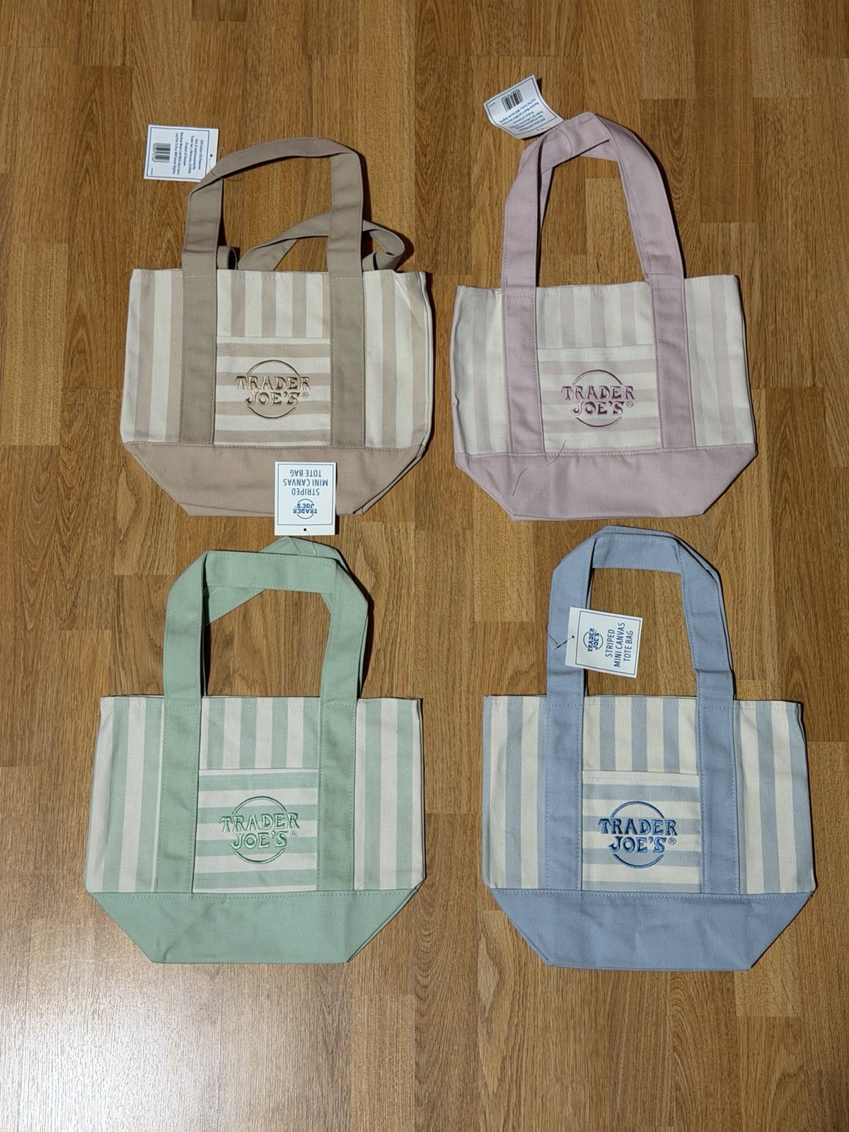 NEW Trader Joe's Striped Canvas Mini-Tote Bags set of 4-LIMITED EDITION IN HAND gallery